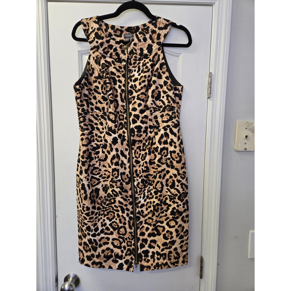 Leopard Print Full Zip Front Sleeveless Sheath‎ Dress 12 Office Mobwife Preppy